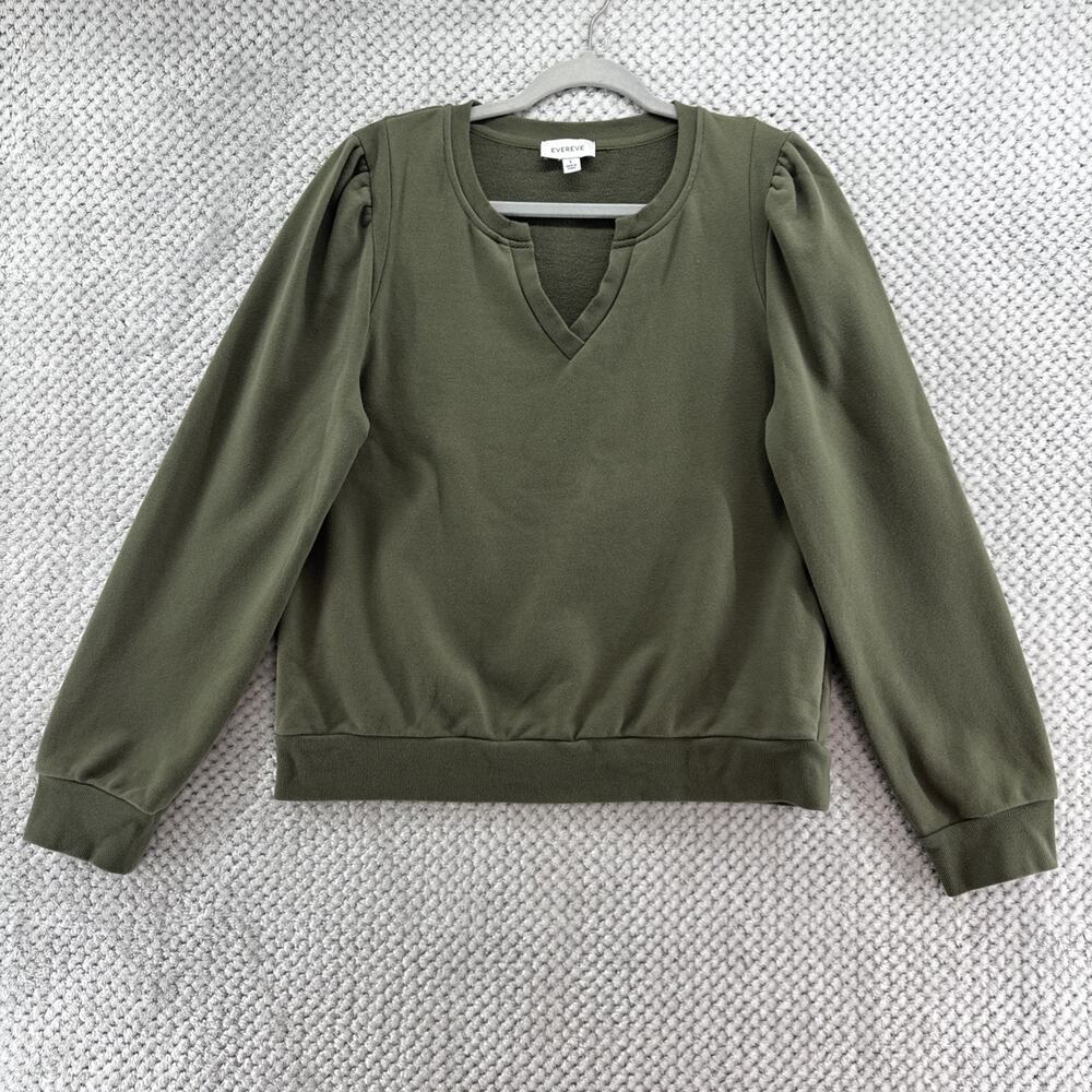 EVEREVE Sweatshirt Womens L Green V-Neck Pullover Jumper Casual Rib Hem Cuff